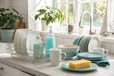 сцена на кухне с чистой посудой, тортом и растениями в светлое время суток - RomanZ