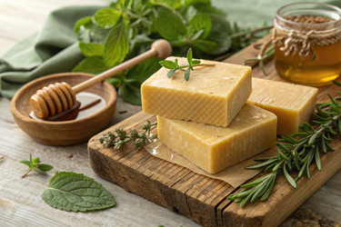 натуральное медовое мыло с травами и свежими ингредиентами на деревянной доске - RomanZ