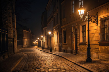 мощеная улица, освещенная старинными фонарями, в тихом вечернем пейзаже - RomanZ