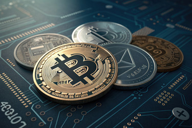 криптовалютные монеты покоятся на печатной плате, предназначенной для цифровых финансов - RomanZ