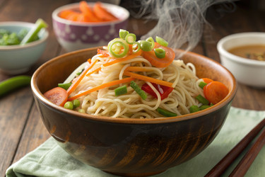 вкусная миска с лапшой на пару с разноцветными овощами и зеленью - RomanZ
