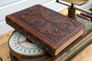 старинная кожаная книга, лежащая на старинных весах в уютной обстановке - RomanZ