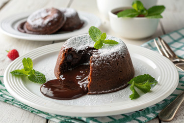 вкусный шоколадный торт из лавы подается с гарниром из свежей мяты и малины - RomanZ
