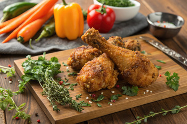 жареная курица со свежими овощами на деревянной разделочной доске на кухне - RomanZ