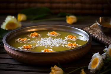 вкусный веганский десерт из зеленой фасоли подается в деревянной миске, украшенной съедобными цветами - yliv