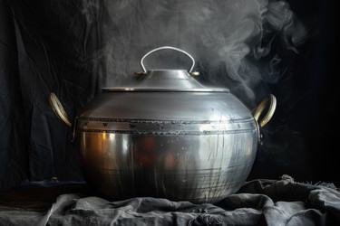 большая металлическая кастрюля, дымящаяся на черном фоне - yliv