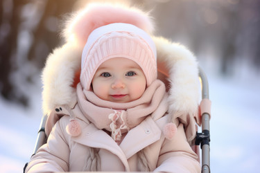 милая малышка в зимней одежде сидит в коляске в заснеженном лесу - yliv