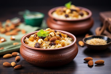 сладкая каша из кускуса с сухофруктами, орехами и мятой в глиняном горшочке - yliv