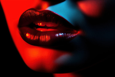 женщина демонстрирует блестящие губы с красными и синими неоновыми огнями - yliv