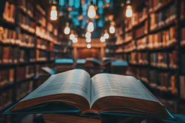 открытая книга, лежащая на столе на размытом фоне библиотеки - yliv