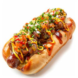 вкусный хот-дог с говядиной на гриле, горчицей, кетчупом и нарезанными овощами на белом фоне - yliv