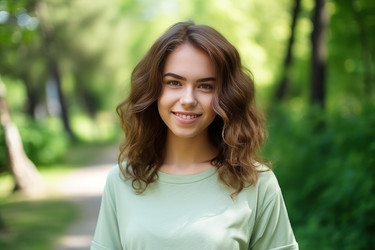 красивая молодая женщина улыбается в зеленом летнем парке - yliv