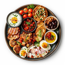 вкусный полный английский завтрак с яичницей-глазуньей, беконом и тостами на круглой тарелке - yliv