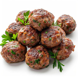 вкусные фрикадельки, украшенные свежей зеленью на белом фоне - yliv