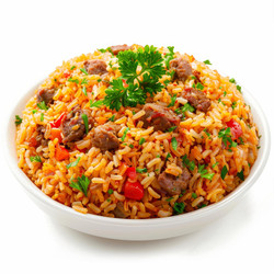 вкусный рисовый плов с мясом и овощами, украшенный свежей зеленью петрушки - yliv