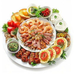 большое блюдо для кейтеринга с вкуснейшими закусками из мяса и креветок для вечеринки - yliv
