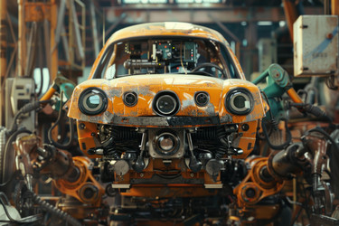 футуристический автономный автомобиль, собираемый роботизированными руками на заводе - yliv