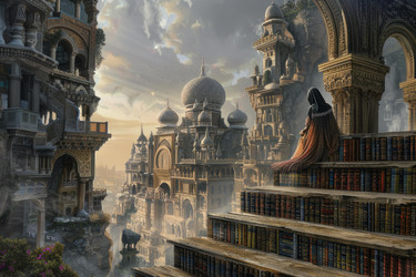 мудрая женщина, созерцающая древний город с вершины горы книг - yliv