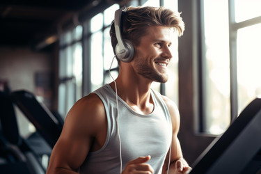 счастливый спортсмен, бегущий по беговой дорожке и слушающий музыку в наушниках в тренажерном зале - yliv