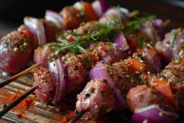 вкусные шашлыки из сырого мяса, приправленные зеленью и специями, готовые к приготовлению на гриле - yliv