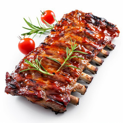 вкусные свиные ребрышки барбекю с розмарином и помидорами на белом фоне - yliv