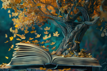 волшебное дерево, растущее из открытой книги с опадающими листьями - yliv