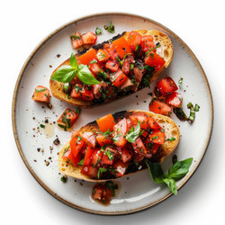 вкуснейшая брускетта с помидорами, базиликом и специями на тарелке - yliv