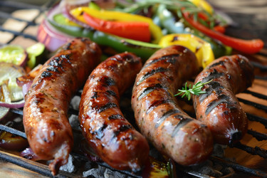 вкусные сосиски-гриль с запеченными овощами, приготовленные на гриле барбекю - yliv