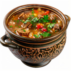 горячий мясной суп с овощами и зеленью в керамическом горшочке - yliv