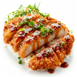 вкуснейшее куриное кацу, нарезанное ломтиками и поданное на рисе с кунжутом и соусом - yliv