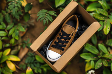 Коричневые кроссовки, напоминающие converse all star, в картонной коробке на фоне зеленой листвы - yliv