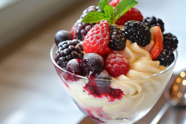 вкусный десерт с ванильным кремом, украшенный свежими и замороженными ягодами - yliv
