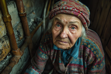 пожилая женщина, сидящая в разрушенном доме, выражает печаль и отчаяние - yliv