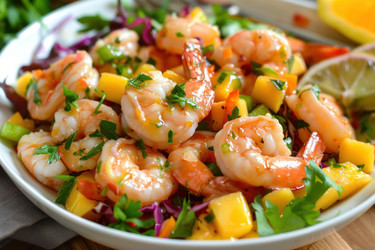 вкусный салат из креветок с манго, красной капустой и зеленью, посыпанной петрушкой - yliv
