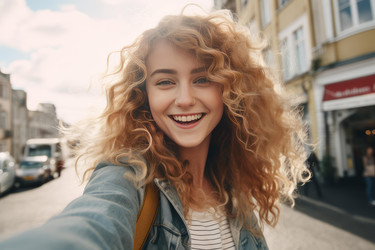 счастливый турист делает селфи, прогуливаясь по улице - yliv