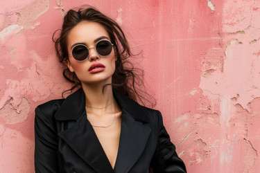 фотомодель позирует в солнцезащитных очках и черном блейзере на фоне розовой стены - yliv