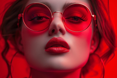 фотомодель в красных солнцезащитных очках и с красной помадой на красном фоне - yliv