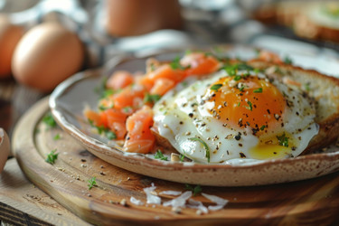 яичница-глазунья с копченым лососем и зеленью - вкусный завтрак на деревянной доске - yliv