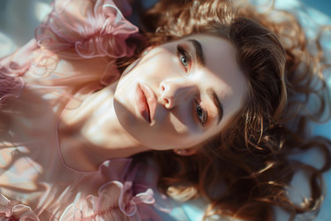 фотомодель позирует в розовом платье и с солнечным светом на лице - yliv