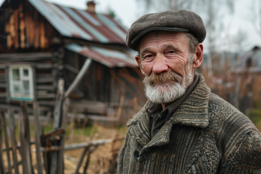 портрет улыбающегося пожилого фермера, стоящего перед деревянным загородным домом - yliv