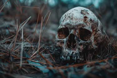 человеческий череп, лежащий на земле с сухой травой и почвой - yliv
