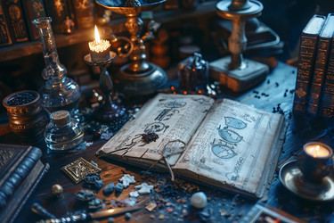 открытая книга заклинаний, лежащая на столе алхимика с горящими свечами - yliv