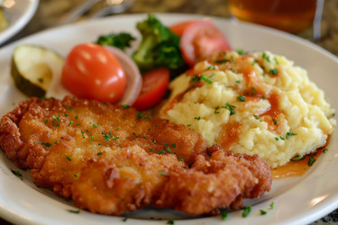 котлета в панировке с картофельным пюре, овощами и томатным соусом - yliv
