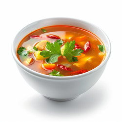 тарелка горячего куриного супа с овощами и гарниром из перца чили - yliv