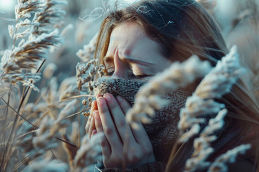 молодая женщина, которой холодно, согревает руки своим дыханием - yliv