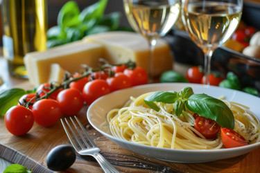 вкусные итальянские спагетти с помидорами, базиликом, сыром и вином на деревянном столе - yliv