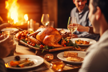 семья празднует день благодарения с жареной индейкой на праздничном столе у камина - yliv
