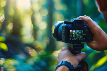 фотограф, делающий снимки леса на фоне боке - yliv