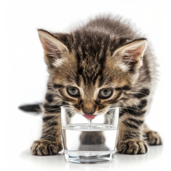 милый котенок пьет воду из стакана на белом фоне - yliv