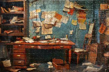 головоломка, изображающая грязный офис с бумагами и папками на столе и стене - yliv